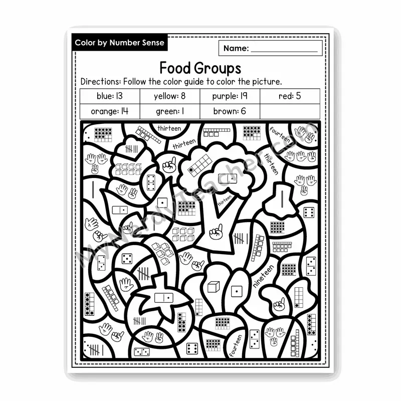 Food Groups Color by Number Sense — Numbers to 20 Worksheet (Set 8)