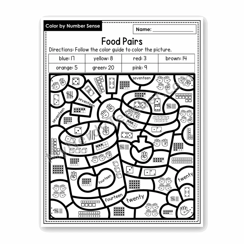 Food Pairs Color by Number Sense — Numbers to 20 Worksheet (Set 2)