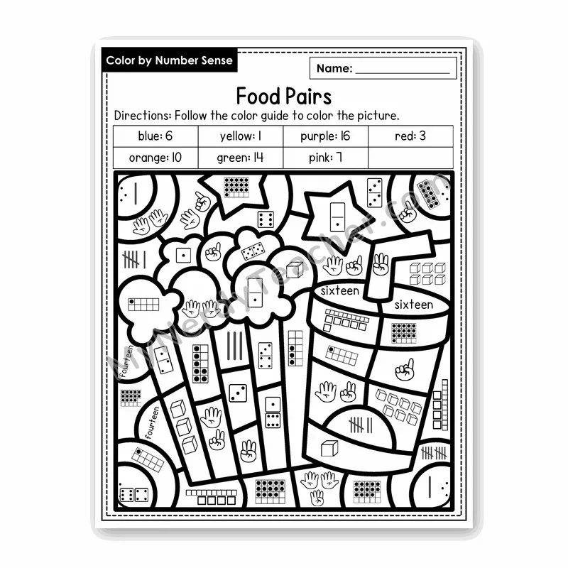 Food Pairs Color by Number Sense — Numbers to 20 Worksheet (Set 3)