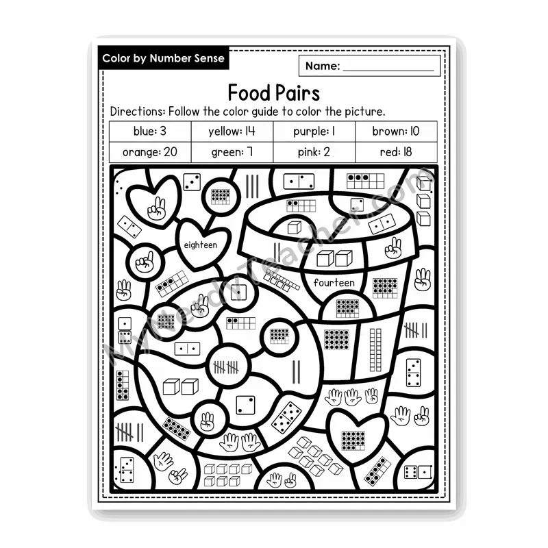 Food Pairs Color by Number Sense — Numbers to 20 Worksheet (Set 8)