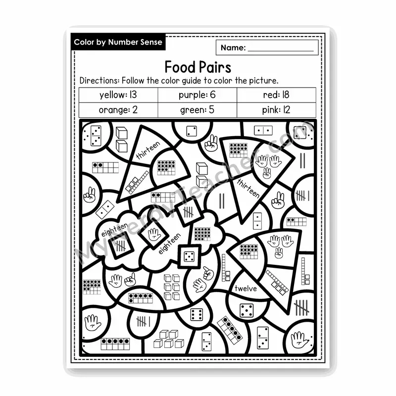 Food Pairs Color by Number Sense — Numbers to 20 Worksheet (Set 4)