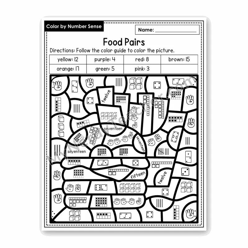 Food Pairs Color by Number Sense — Numbers to 20 Worksheet (Set 5)