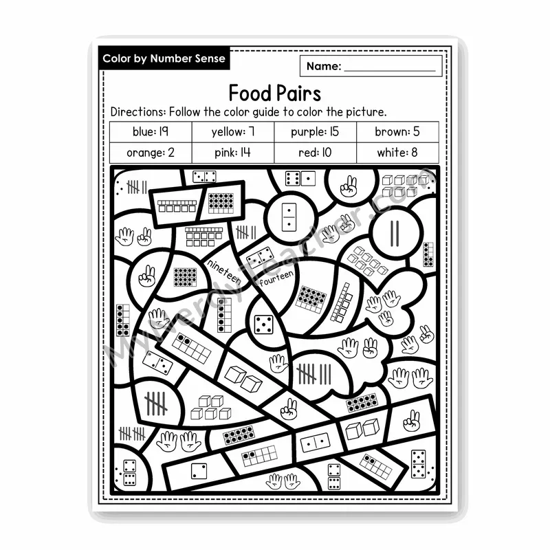 Food Pairs Color by Number Sense — Numbers to 20 Worksheet (Set 7)