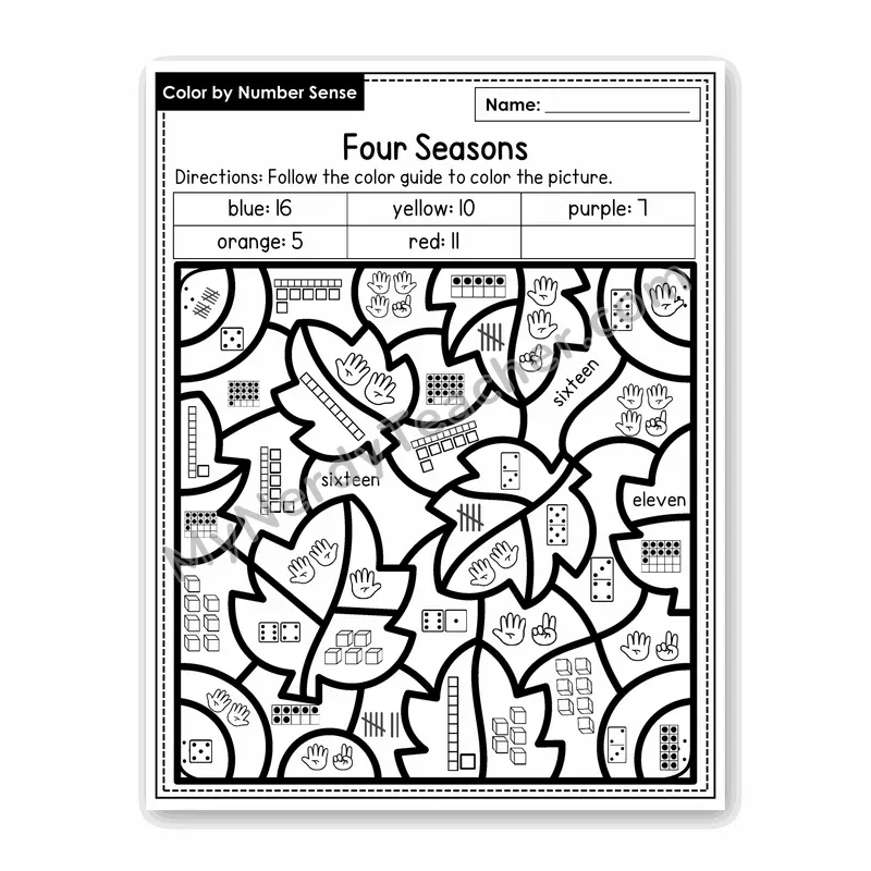 Four Seasons Color by Number Sense — Numbers to 20 Worksheet (Set 2)
