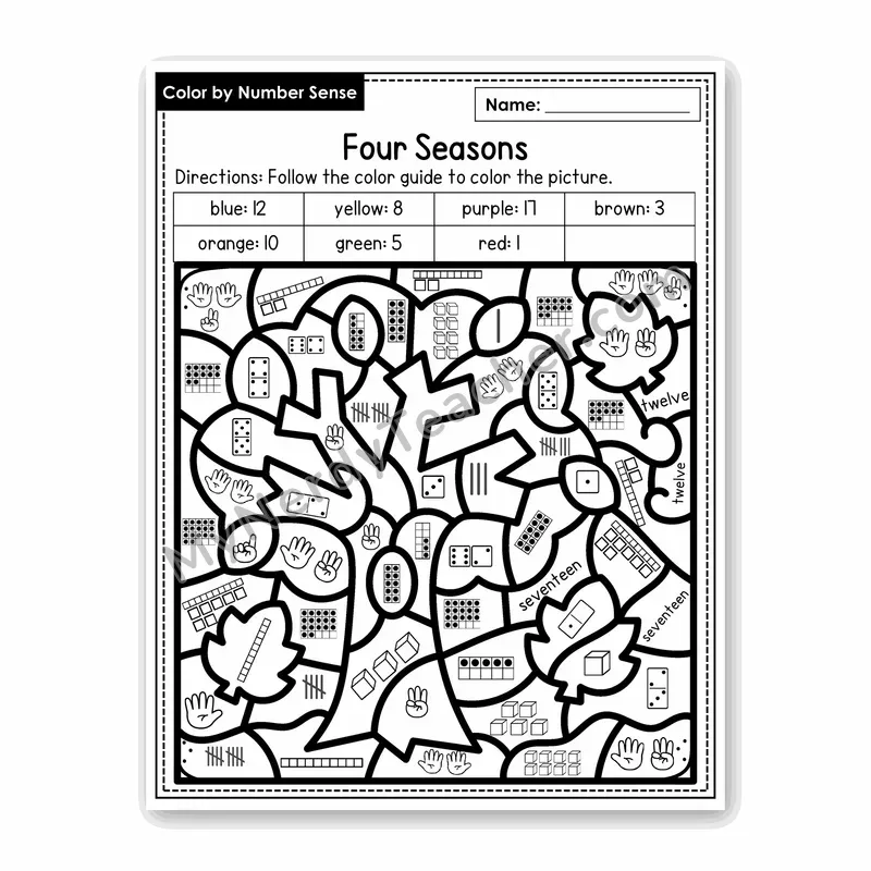 Four Seasons Color by Number Sense — Numbers to 20 Worksheet (Set 1)