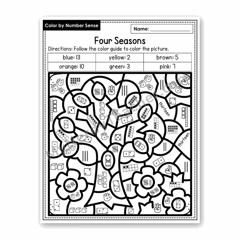Four Seasons Color by Number Sense — Numbers to 20 Worksheet (Set 6)