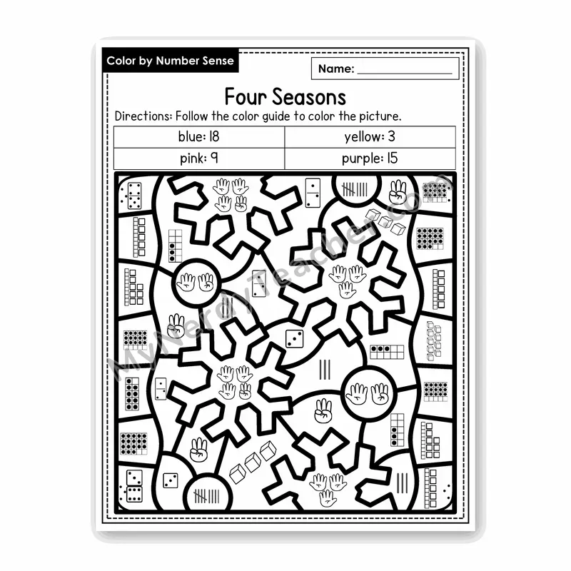 Four Seasons Color by Number Sense — Numbers to 20 Worksheet (Set 8)