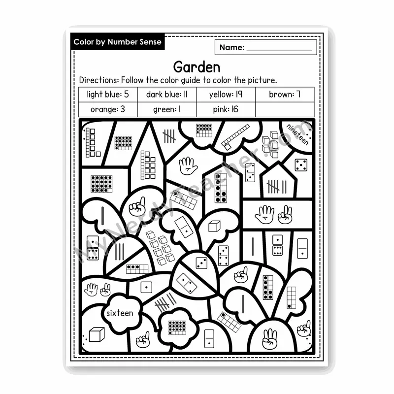 Garden Color by Number Sense — Numbers to 20 Worksheet (Set 4)