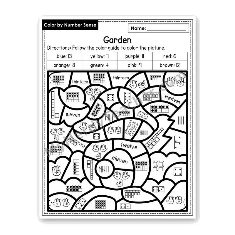 Garden Color by Number Sense — Numbers to 20 Worksheet (Set 2)