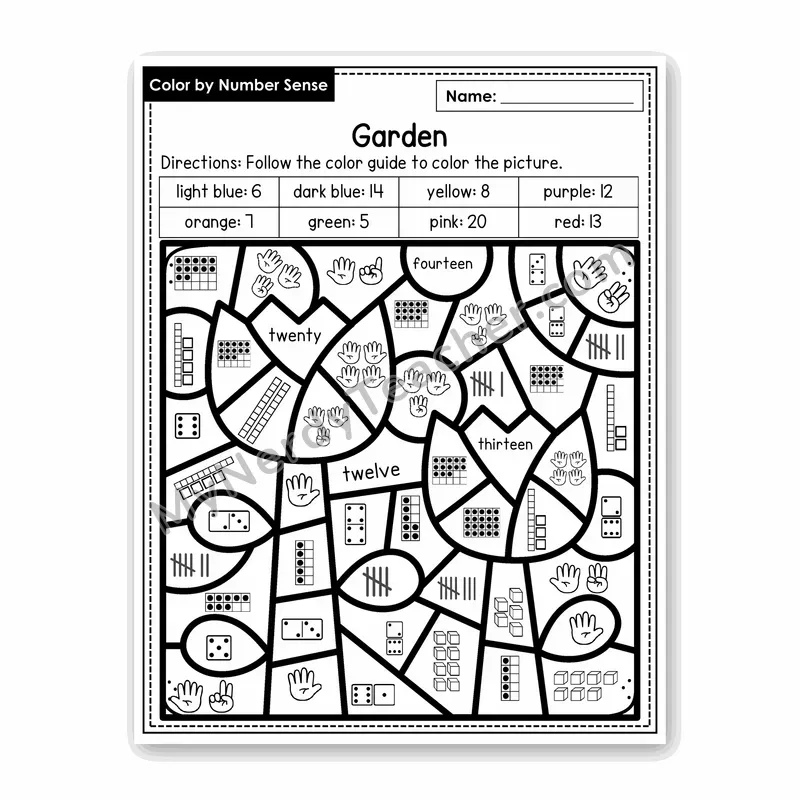 Garden Color by Number Sense — Numbers to 20 Worksheet (Set 1)