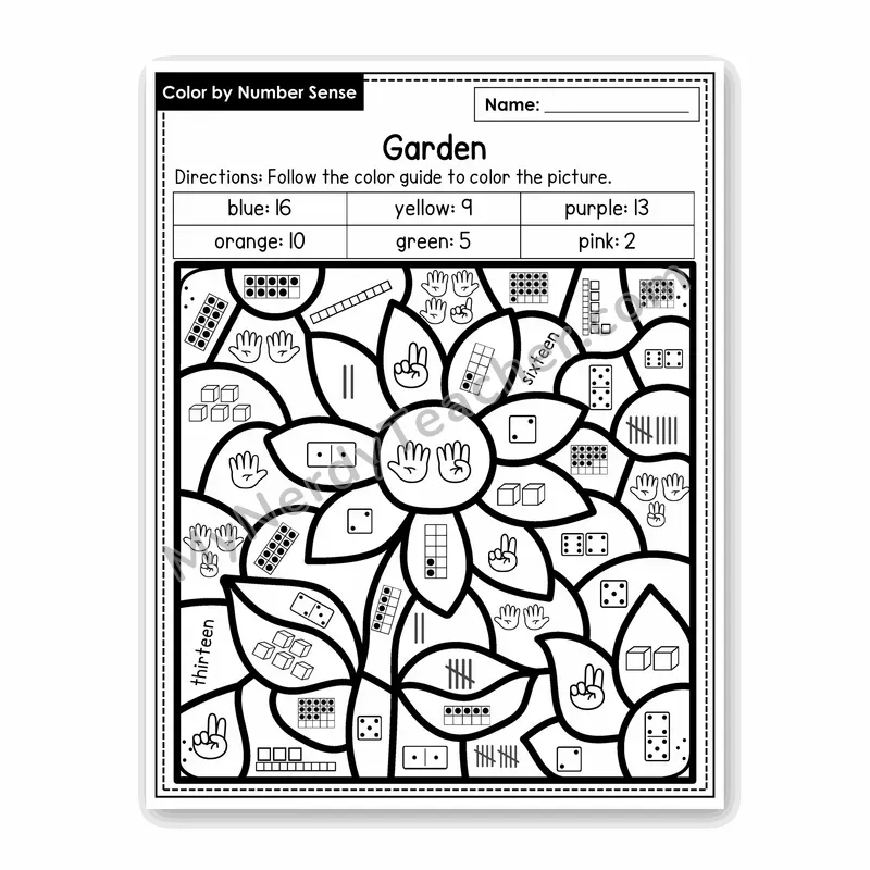 Garden Color by Number Sense — Numbers to 20 Worksheet (Set 3)