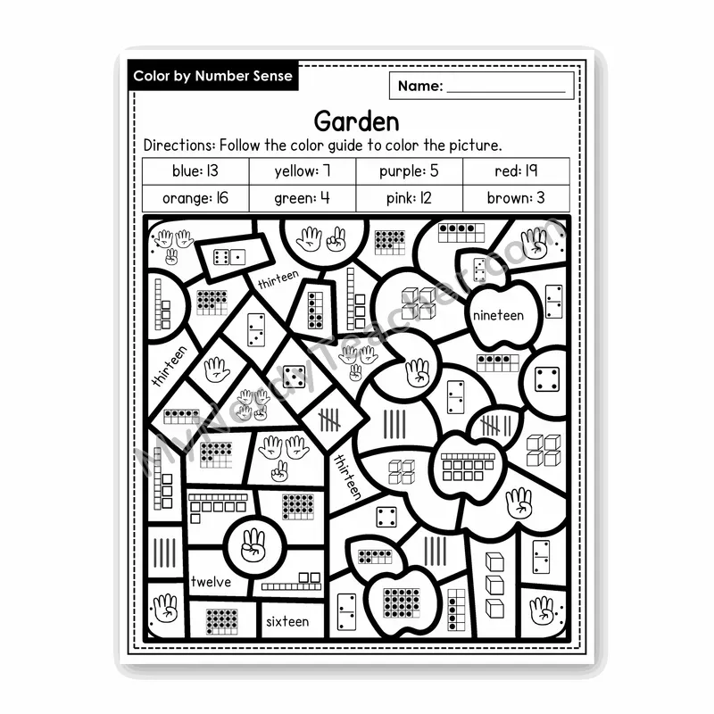 Garden Color by Number Sense — Numbers to 20 Worksheet (Set 8)
