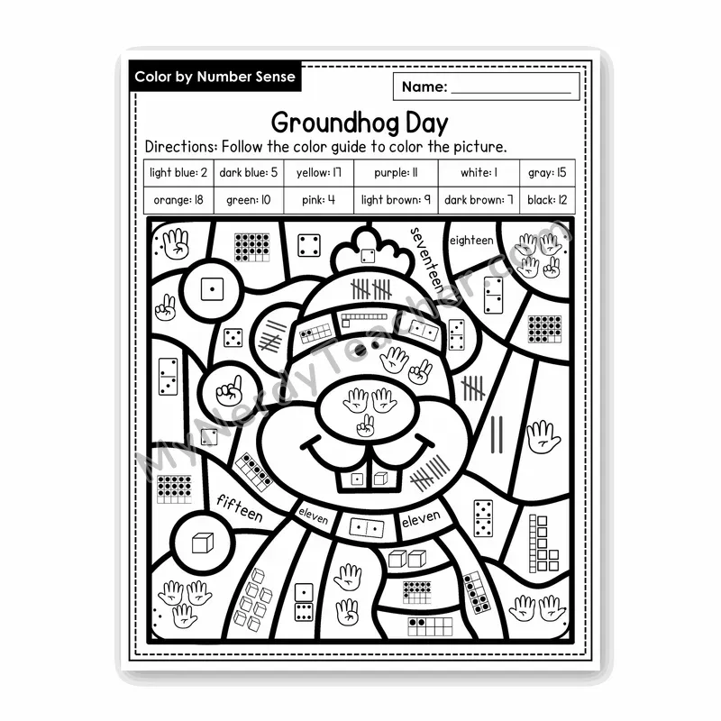 Groundhog Day Color by Number Sense — Numbers to 20 Worksheet (Set 1)