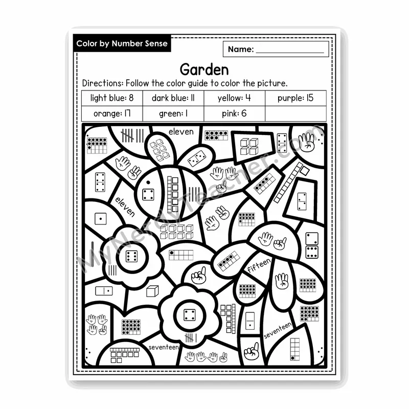 Garden Color by Number Sense — Numbers to 20 Worksheet (Set 7)