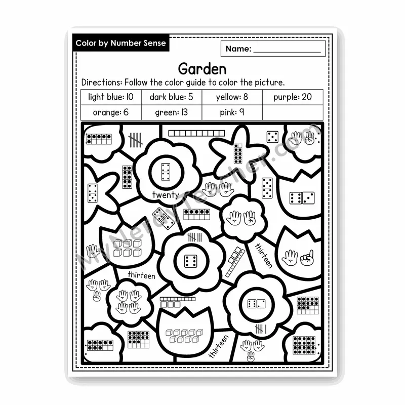 Garden Color by Number Sense — Numbers to 20 Worksheet (Set 5)