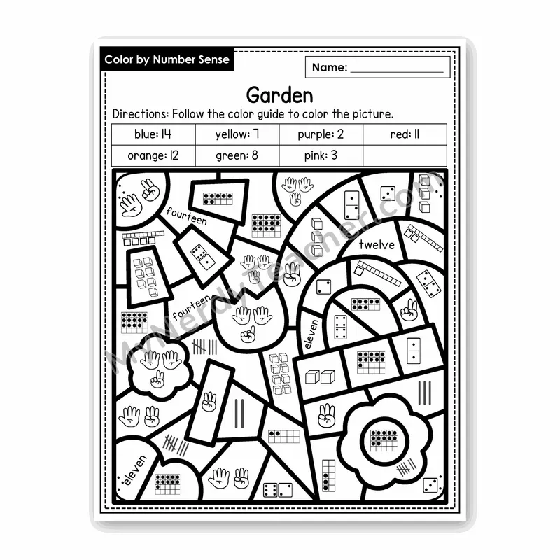 Garden Color by Number Sense — Numbers to 20 Worksheet (Set 6)