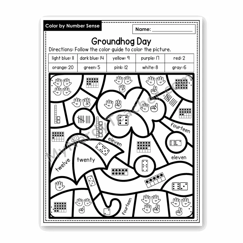 Groundhog Day Color by Number Sense — Numbers to 20 Worksheet (Set 6)
