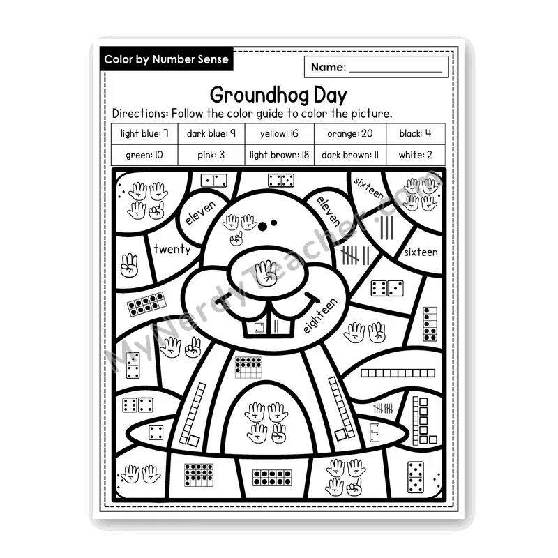 Groundhog Day Color by Number Sense — Numbers to 20 Worksheet (Set 4)