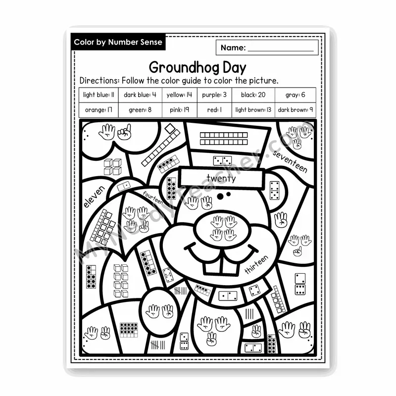 Groundhog Day Color by Number Sense — Numbers to 20 Worksheet (Set 3)