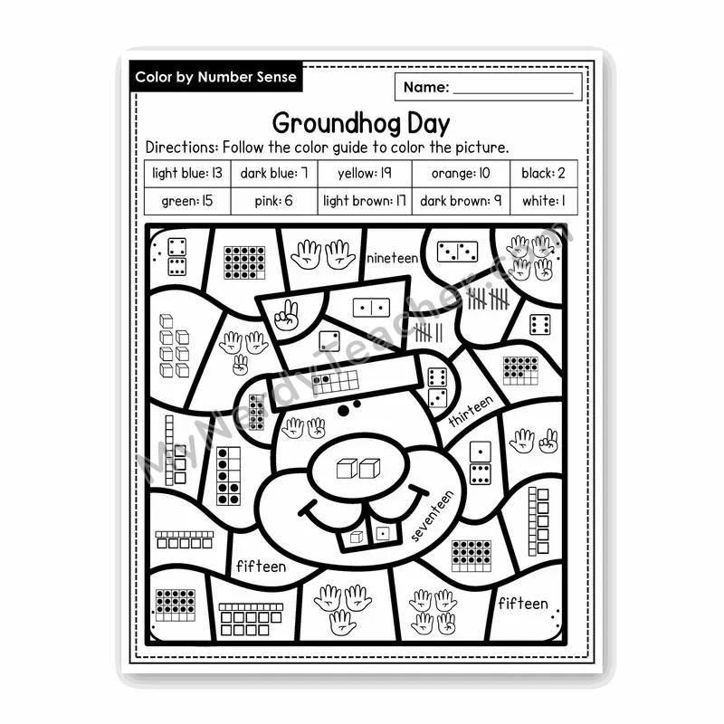 Groundhog Day Color by Number Sense — Numbers to 20 Worksheet (Set 2)