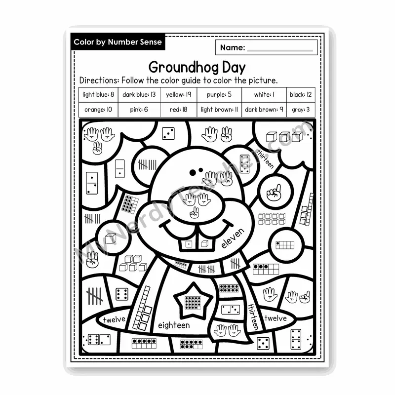 Groundhog Day Color by Number Sense — Numbers to 20 Worksheet (Set 5)