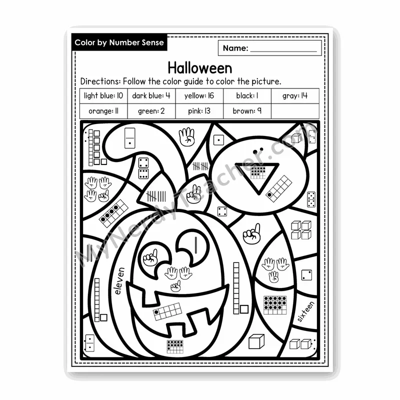 Halloween Color by Number Sense — Numbers to 20 Worksheet (Set 3)