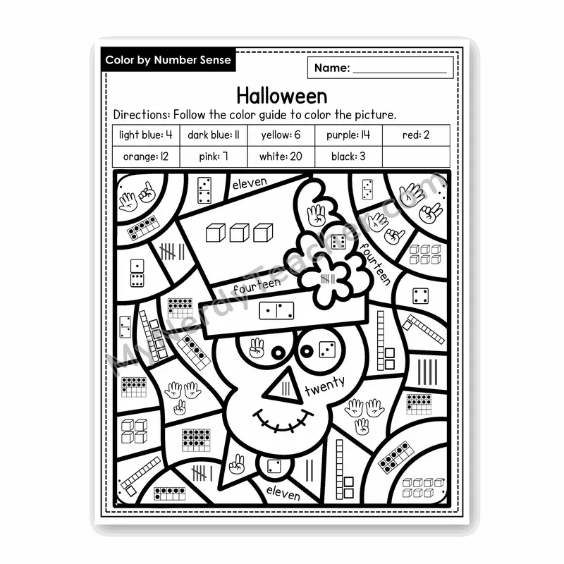 Halloween Color by Number Sense — Numbers to 20 Worksheet (Set 4)