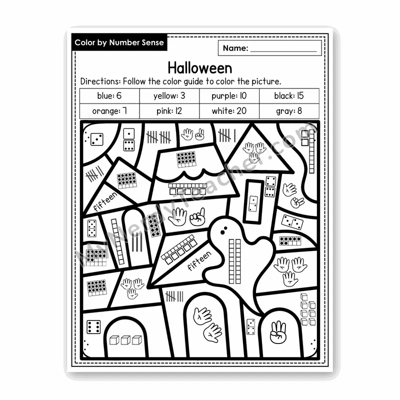 Halloween Color by Number Sense — Numbers to 20 Worksheet (Set 2)