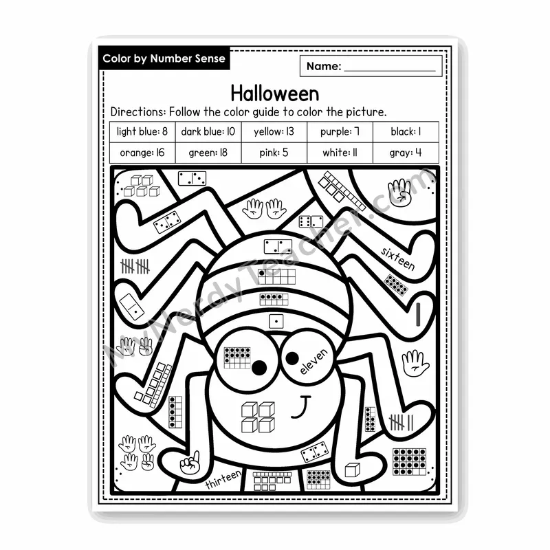 Halloween Color by Number Sense — Numbers to 20 Worksheet (Set 5)