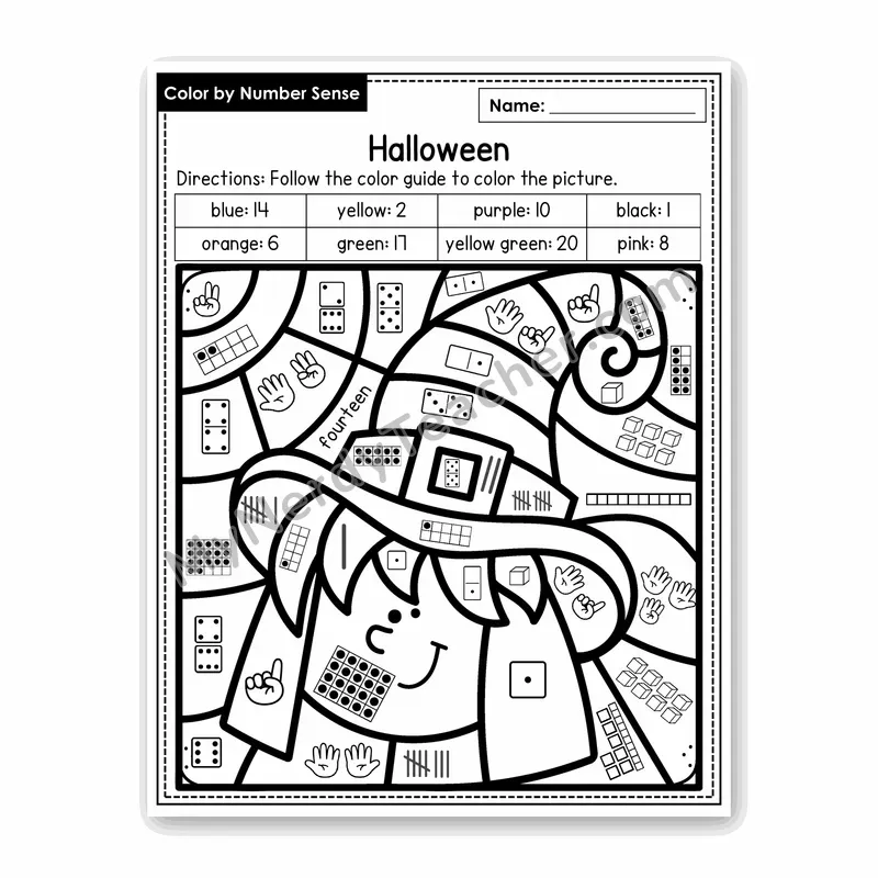 Halloween Color by Number Sense — Numbers to 20 Worksheet (Set 7)