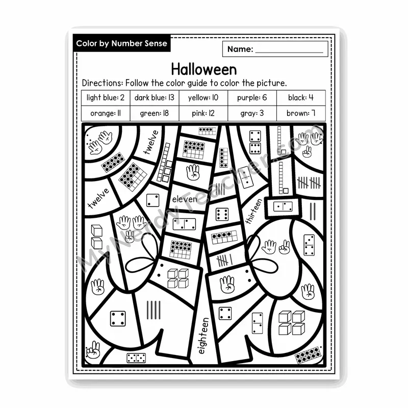 Halloween Color by Number Sense — Numbers to 20 Worksheet (Set 8)