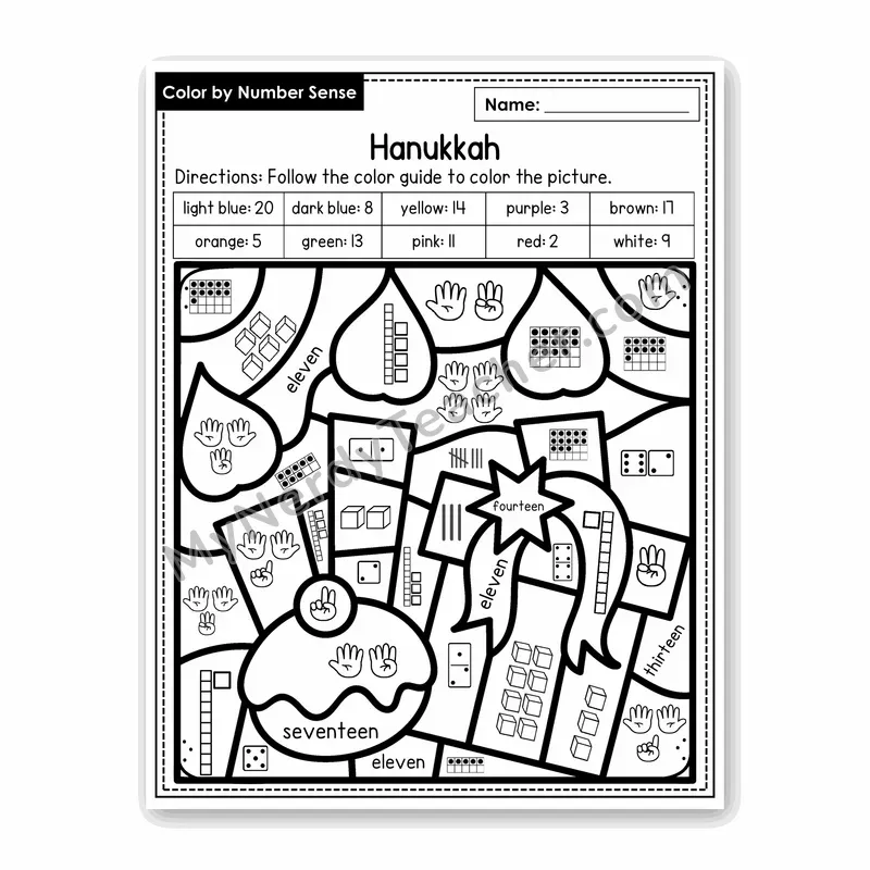 Hanukkah Color by Number Sense — Numbers to 20 Worksheet (Set 2)
