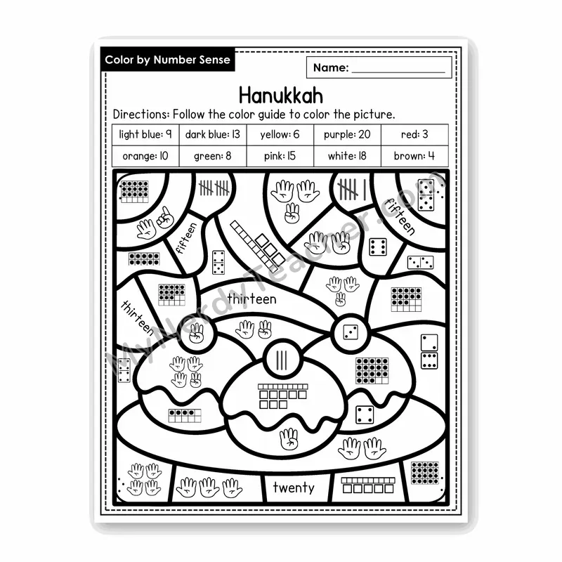 Hanukkah Color by Number Sense — Numbers to 20 Worksheet (Set 7)