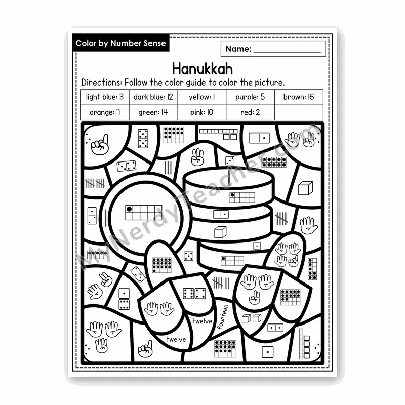 Hanukkah Color by Number Sense — Numbers to 20 Worksheet (Set 3)