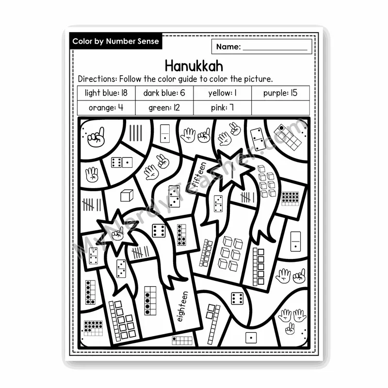 Hanukkah Color by Number Sense — Numbers to 20 Worksheet (Set 4)