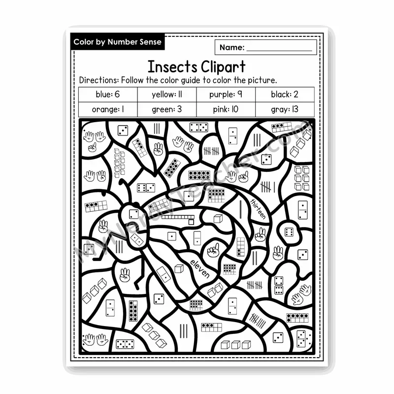 Insects Clipart Color by Number Sense — Numbers to 20 Worksheet (Set 3)