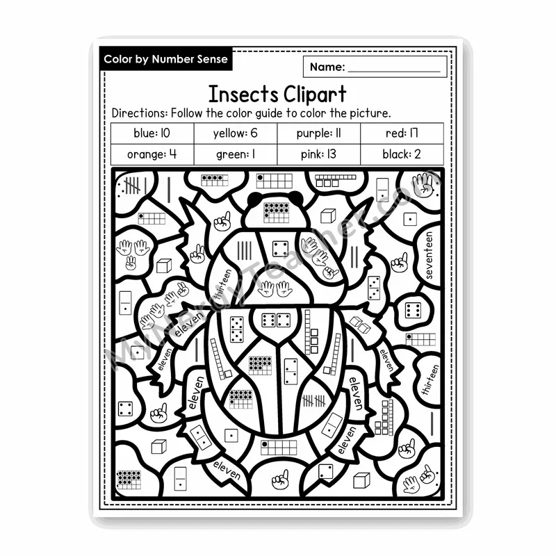Insects Clipart Color by Number Sense — Numbers to 20 Worksheet (Set 2)
