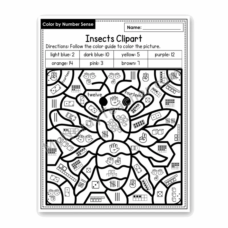 Insects Clipart Color by Number Sense — Numbers to 20 Worksheet (Set 1)