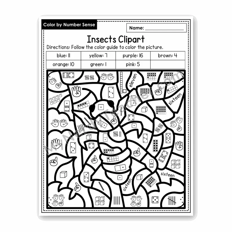 Insects Clipart Color by Number Sense — Numbers to 20 Worksheet (Set 5)