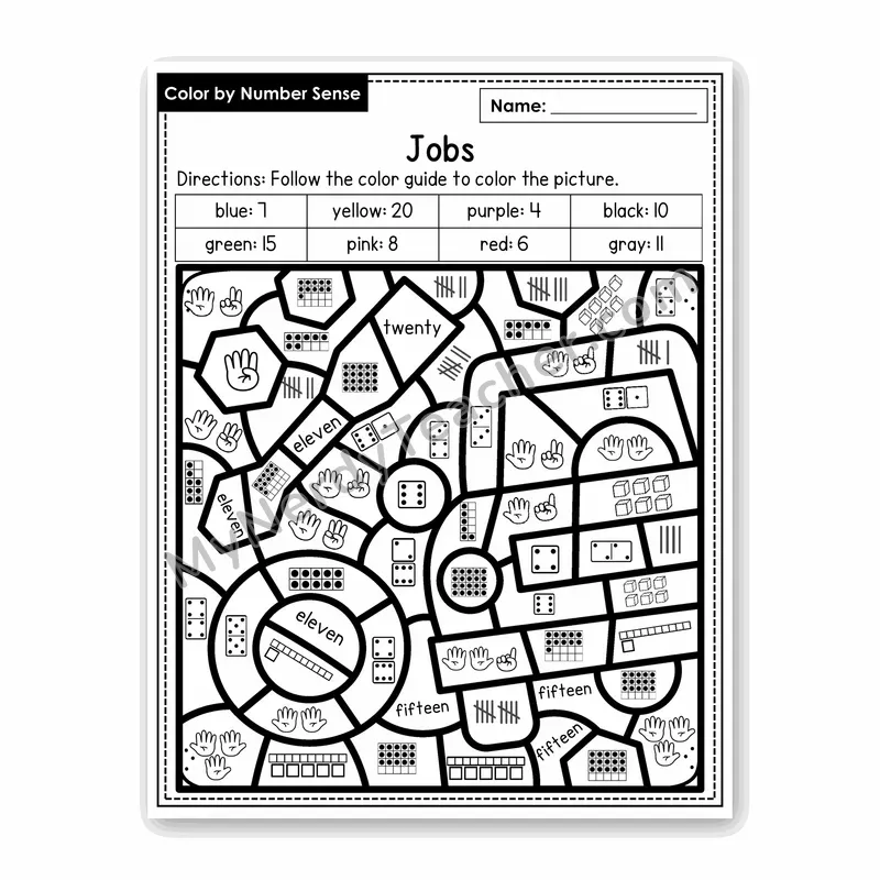 Jobs Color by Number Sense — Numbers to 20 Worksheet (Set 1)