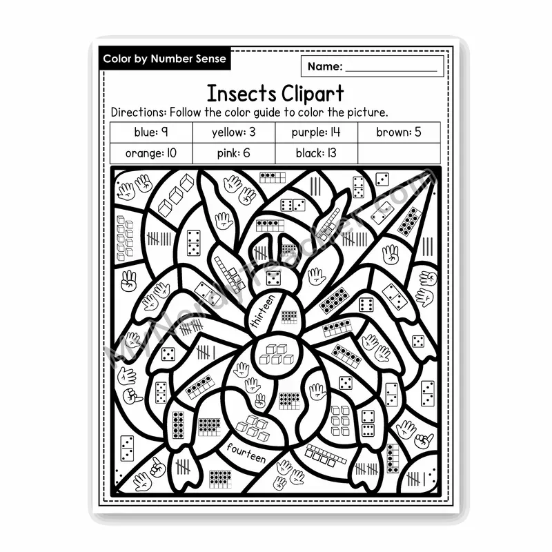 Insects Clipart Color by Number Sense — Numbers to 20 Worksheet (Set 7)