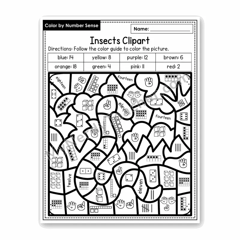 Insects Clipart Color by Number Sense — Numbers to 20 Worksheet (Set 8)