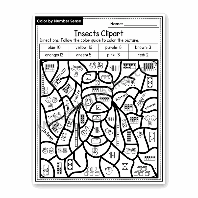 Insects Clipart Color by Number Sense — Numbers to 20 Worksheet (Set 6)