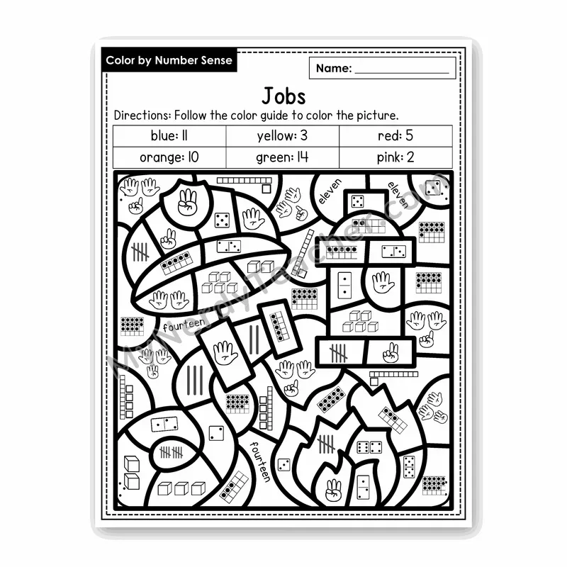 Jobs Color by Number Sense — Numbers to 20 Worksheet (Set 2)