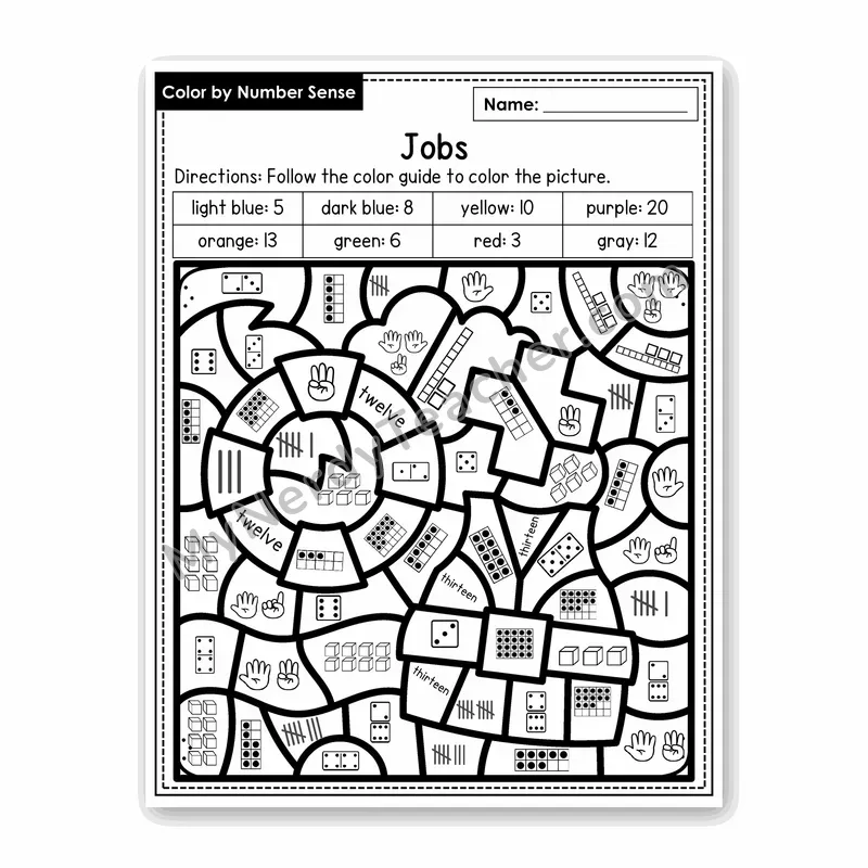 Jobs Color by Number Sense — Numbers to 20 Worksheet (Set 4)