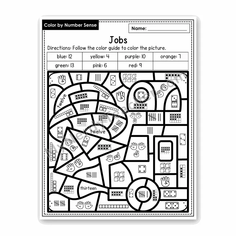 Jobs Color by Number Sense — Numbers to 20 Worksheet (Set 5)