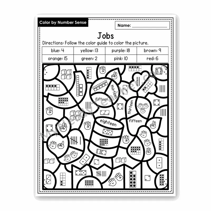 Jobs Color by Number Sense — Numbers to 20 Worksheet (Set 3)