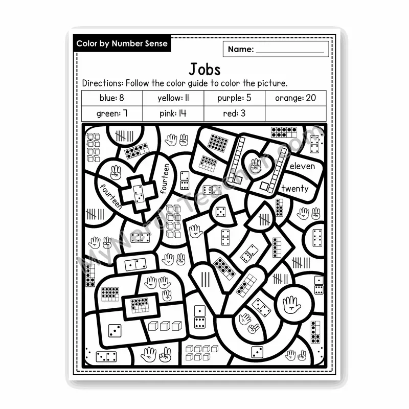 Jobs Color by Number Sense — Numbers to 20 Worksheet (Set 6)