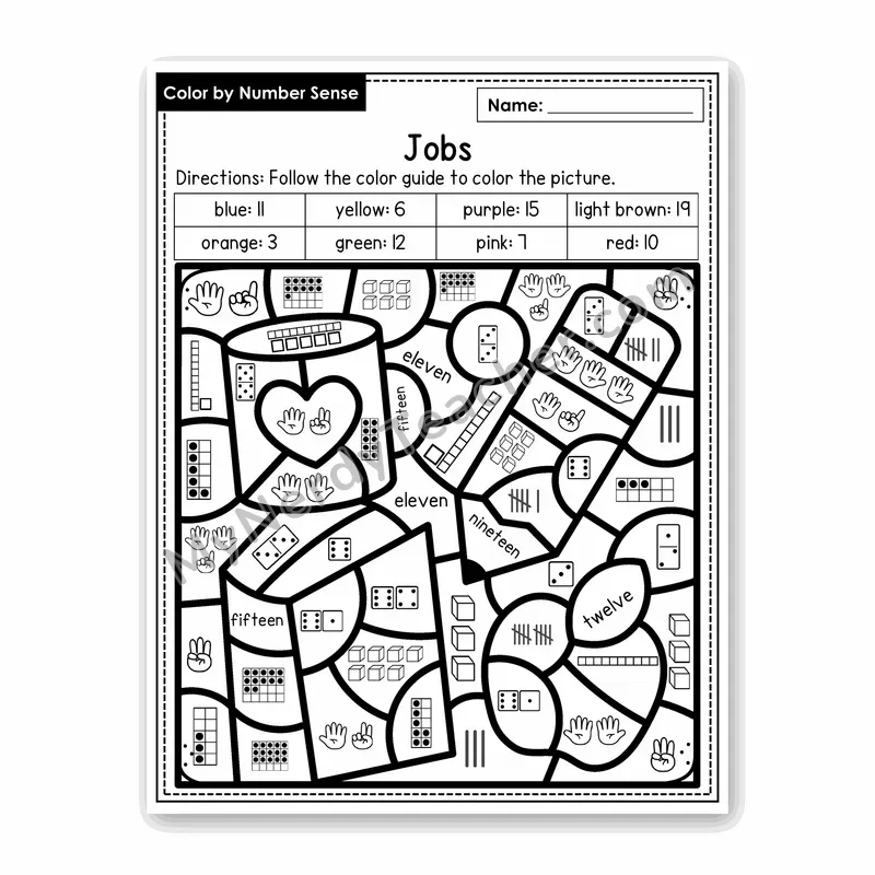 Jobs Color by Number Sense — Numbers to 20 Worksheet (Set 8)