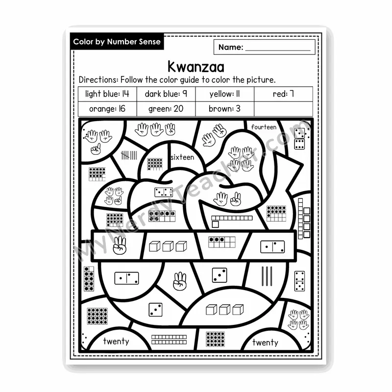 Kwanzaa Color by Number Sense — Numbers to 20 Worksheet (Set 2)